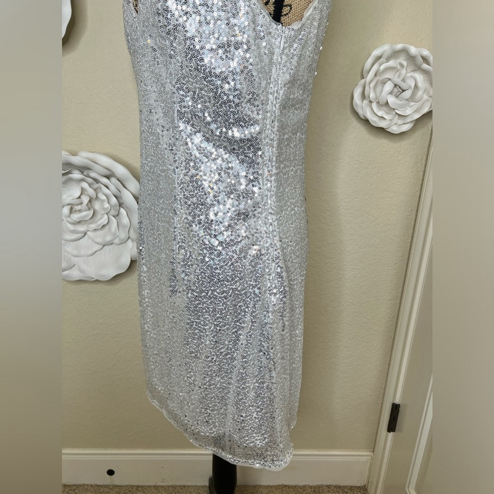 Kate Kasin Silver Sequined Sleeveless V Neck Cocktail Dress Size Large - Picture 8 of 16